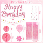 HEWUAUL Pre-Strung Pink Birthday Decorations Kit for Women – Backdrop, Balloons & Glitter Banner