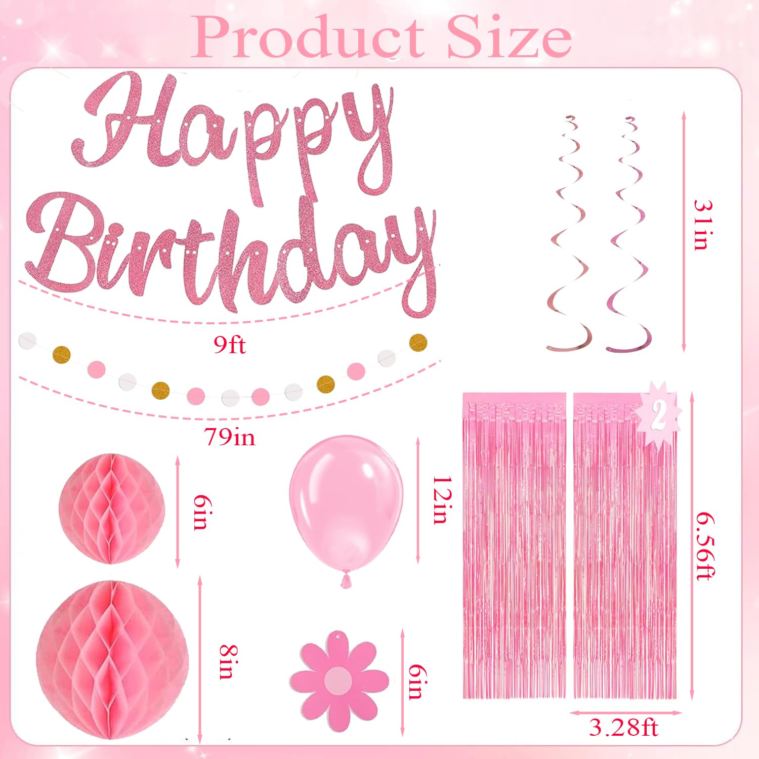 HEWUAUL Pre-Strung Pink Birthday Decorations Kit for Women – Backdrop, Balloons & Glitter Banner