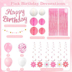 HEWUAUL Pre-Strung Pink Birthday Decorations Kit for Women – Backdrop, Balloons & Glitter Banner