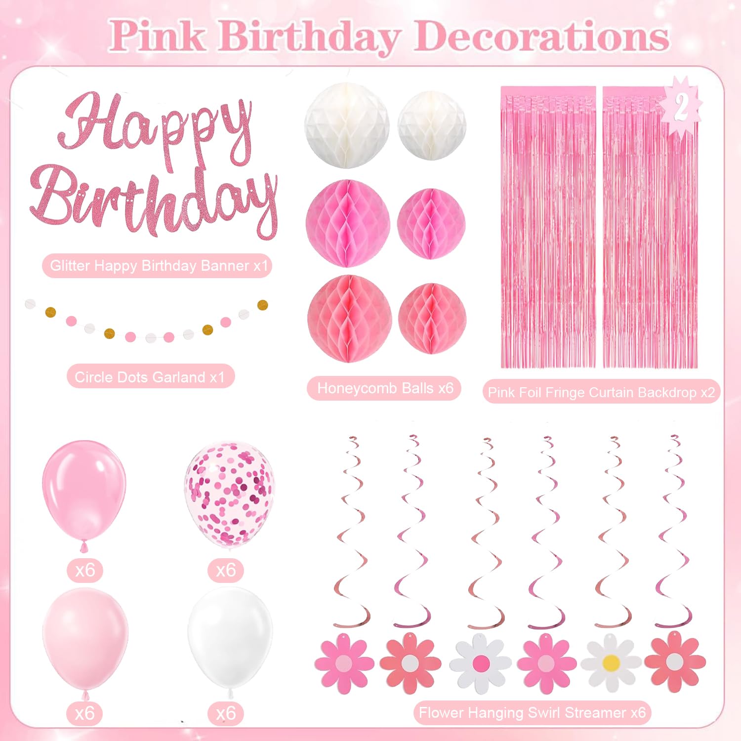 HEWUAUL Pre-Strung Pink Birthday Decorations Kit for Women – Backdrop, Balloons & Glitter Banner