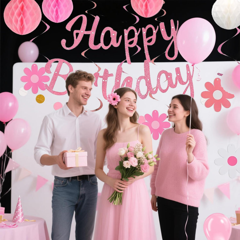 HEWUAUL Pre-Strung Pink Birthday Decorations Kit for Women – Backdrop, Balloons & Glitter Banner