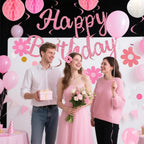 HEWUAUL Pre-Strung Pink Birthday Decorations Kit for Women – Backdrop, Balloons & Glitter Banner