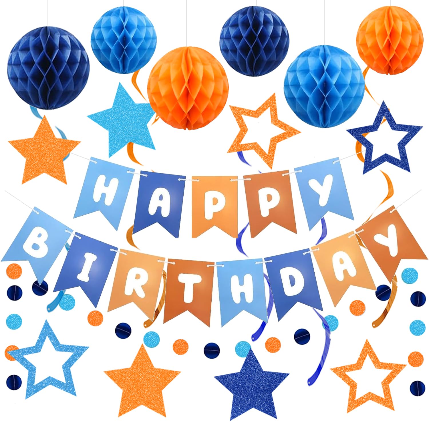 HEWUAUL Pre-Strung Happy Birthday Banner Kit – Orange & Blue Decorations