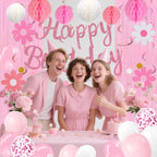 HEWUAUL Pre-Strung Pink Birthday Decorations Kit for Women – Backdrop, Balloons & Glitter Banner
