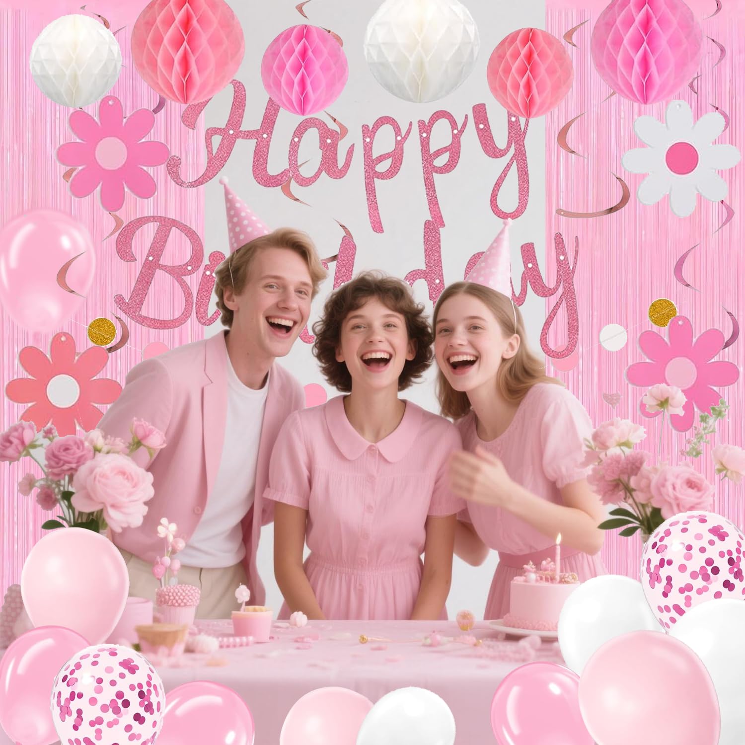 HEWUAUL Pre-Strung Pink Birthday Decorations Kit for Women – Backdrop, Balloons & Glitter Banner