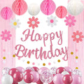 HEWUAUL Pre-Strung Pink Birthday Decorations Kit for Women – Backdrop, Balloons & Glitter Banner