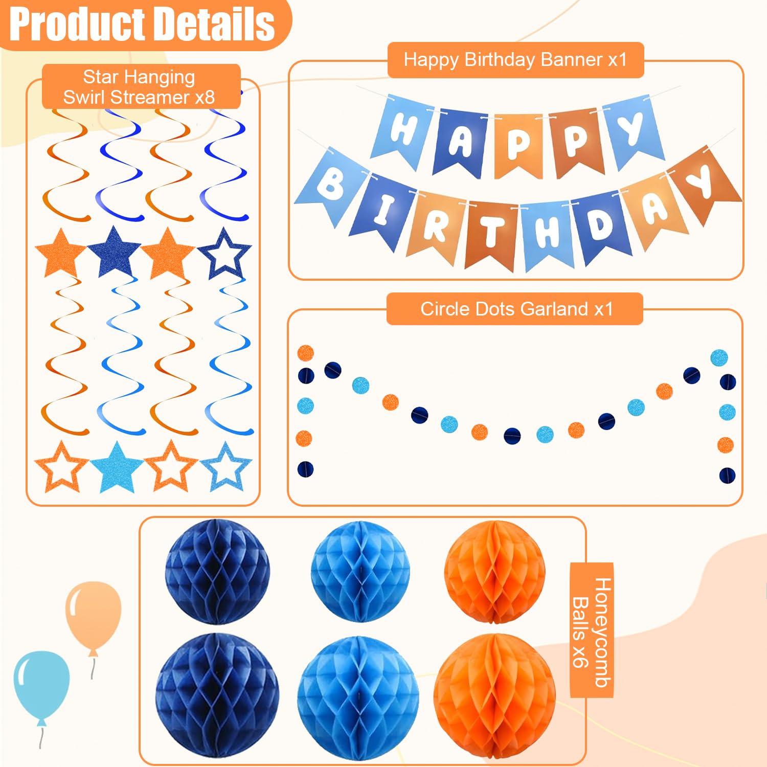 HEWUAUL Pre-Strung Happy Birthday Banner Kit – Orange & Blue Decorations