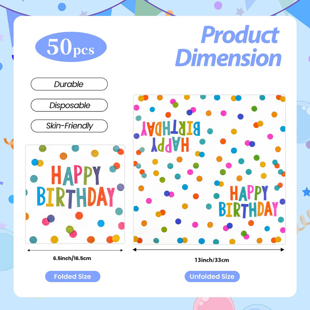 HFBOBP 50PCS Happy Birthday Paper Napkins – 13 x 13 Inches, Colorful Dots, Disposable Party Decor