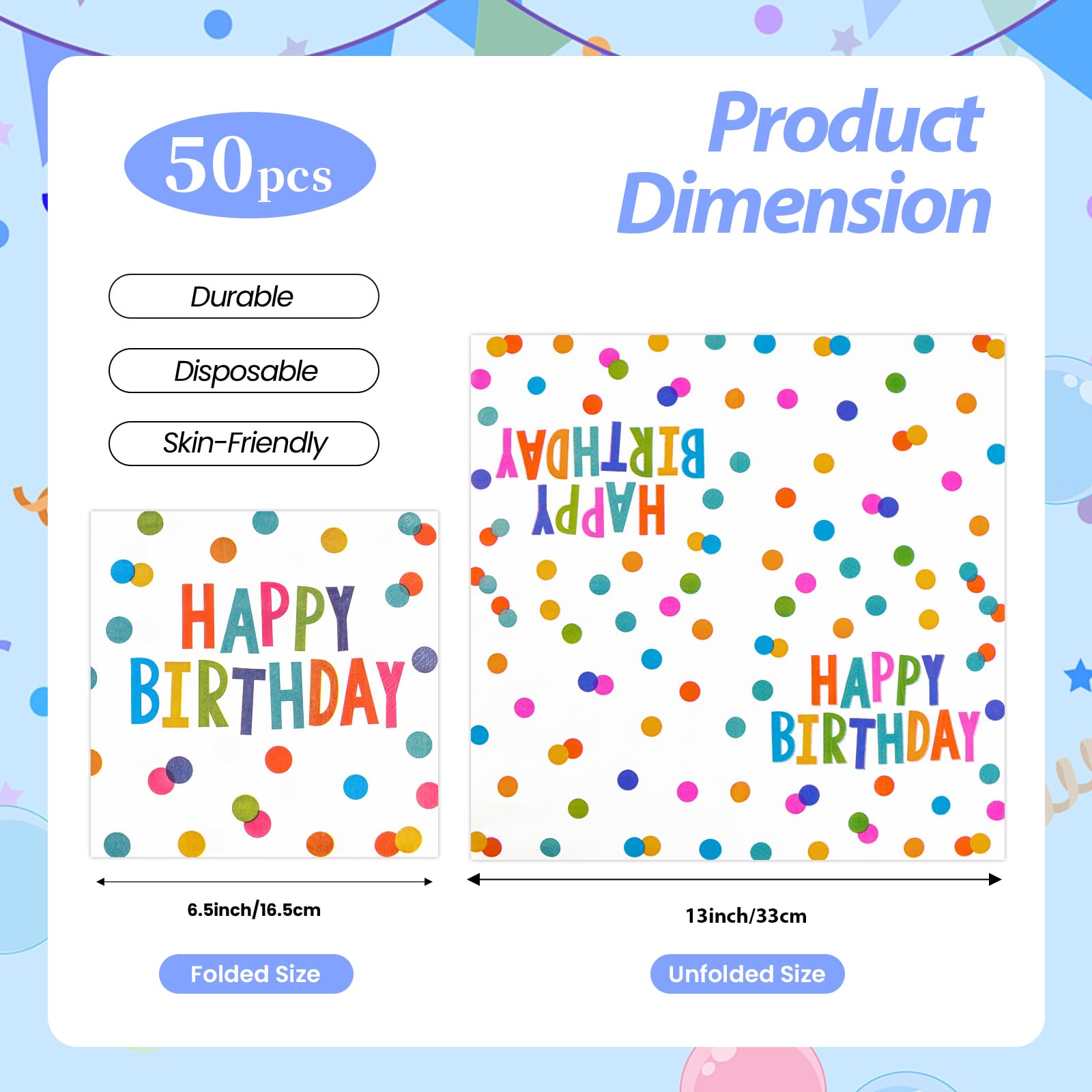 HFBOBP 50PCS Happy Birthday Paper Napkins – 13 x 13 Inches, Colorful Dots, Disposable Party Decor