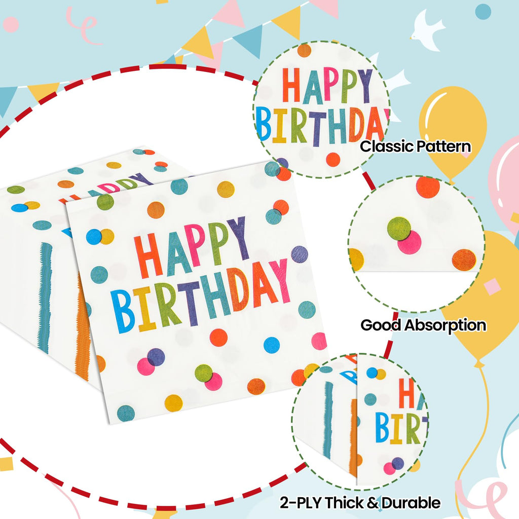 HFBOBP 50PCS Happy Birthday Paper Napkins – 13 x 13 Inches, Colorful Dots, Disposable Party Decor