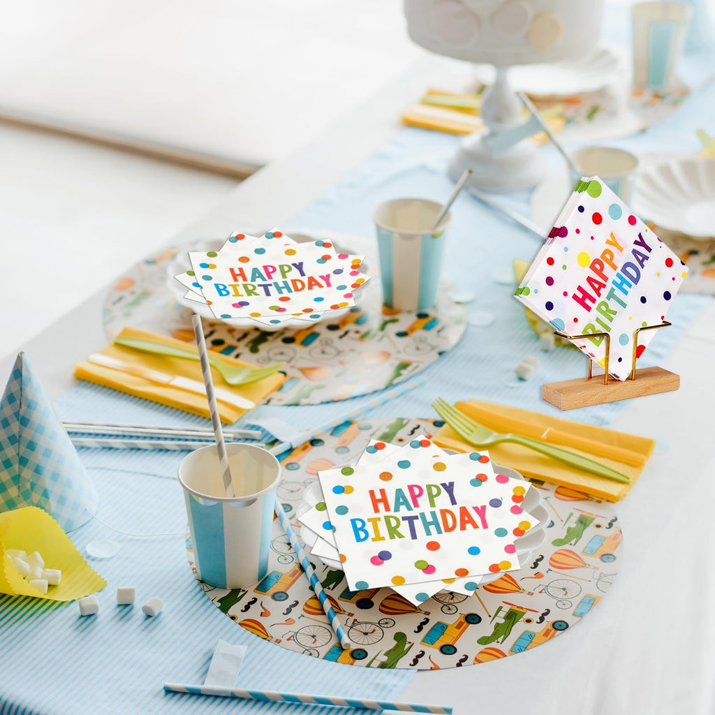 HFBOBP 50PCS Happy Birthday Paper Napkins – 13 x 13 Inches, Colorful Dots, Disposable Party Decor