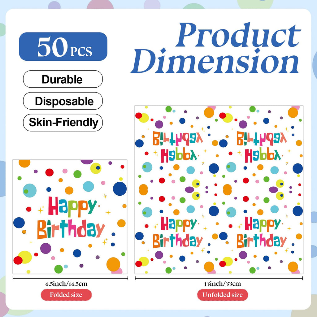 HFBOBP 50Pcs Happy Birthday Napkins – Colorful Dots 13x13 Inches, Disposable Party Supplies