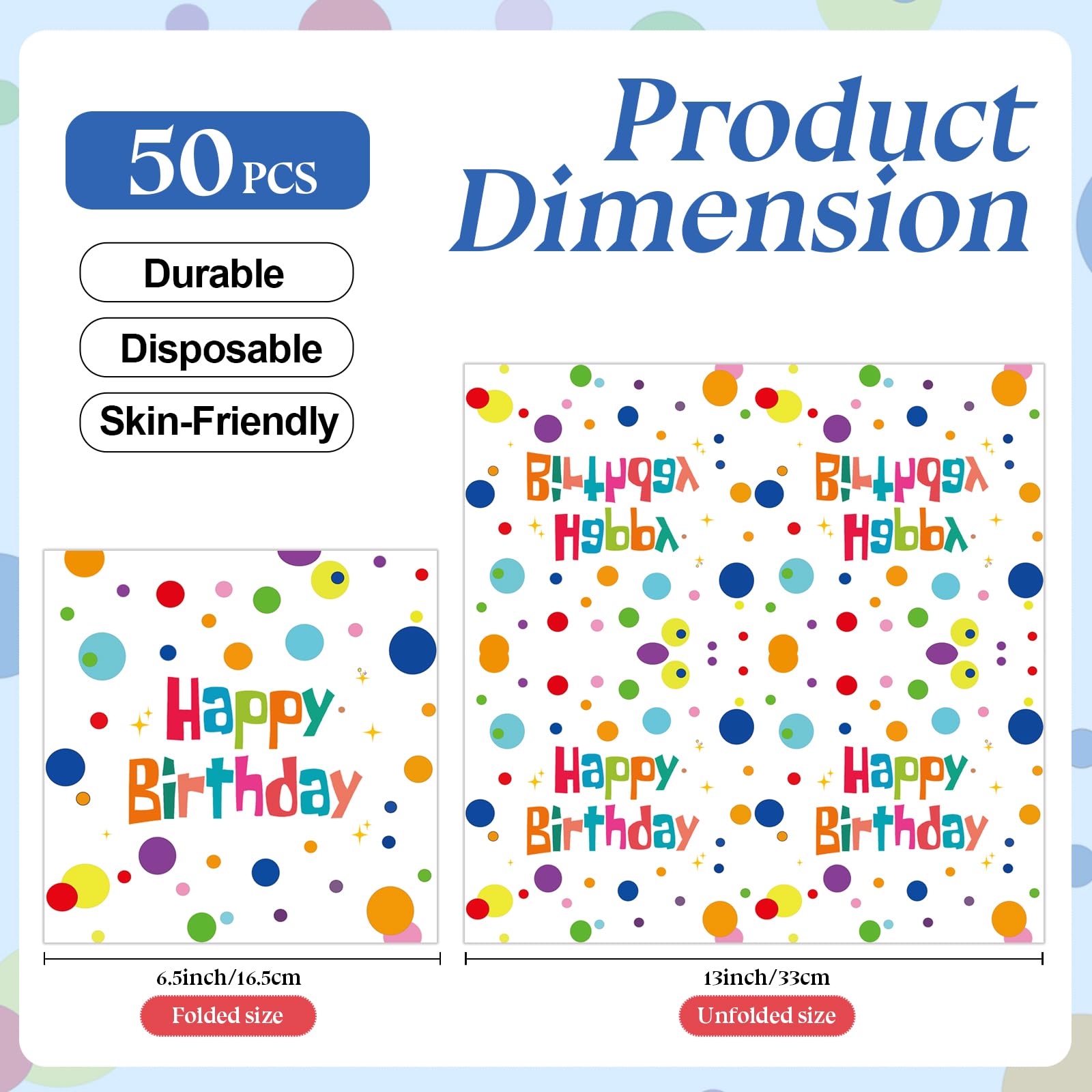 HFBOBP 50Pcs Happy Birthday Napkins – Colorful Dots 13x13 Inches, Disposable Party Supplies