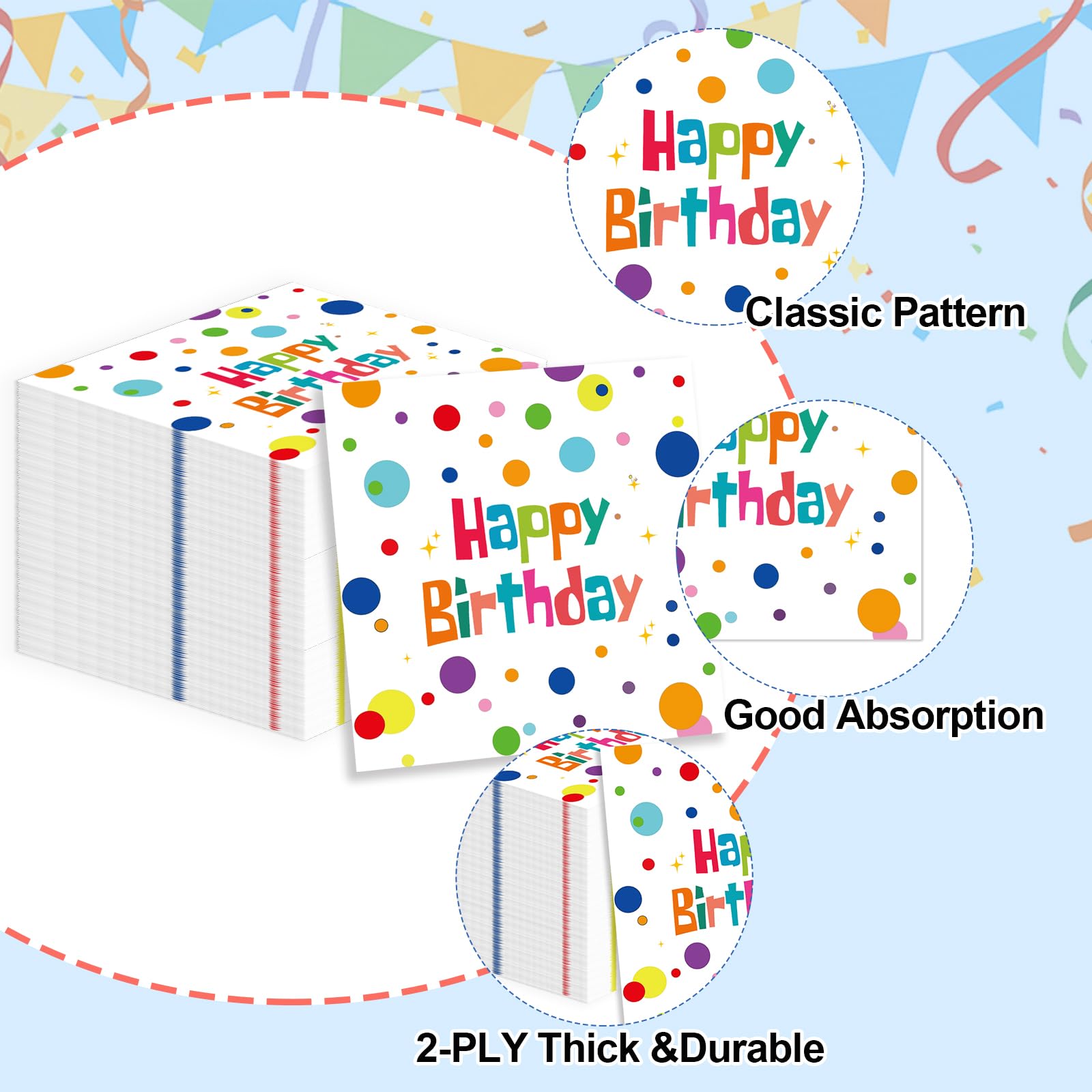 HFBOBP 50Pcs Happy Birthday Napkins – Colorful Dots 13x13 Inches, Disposable Party Supplies