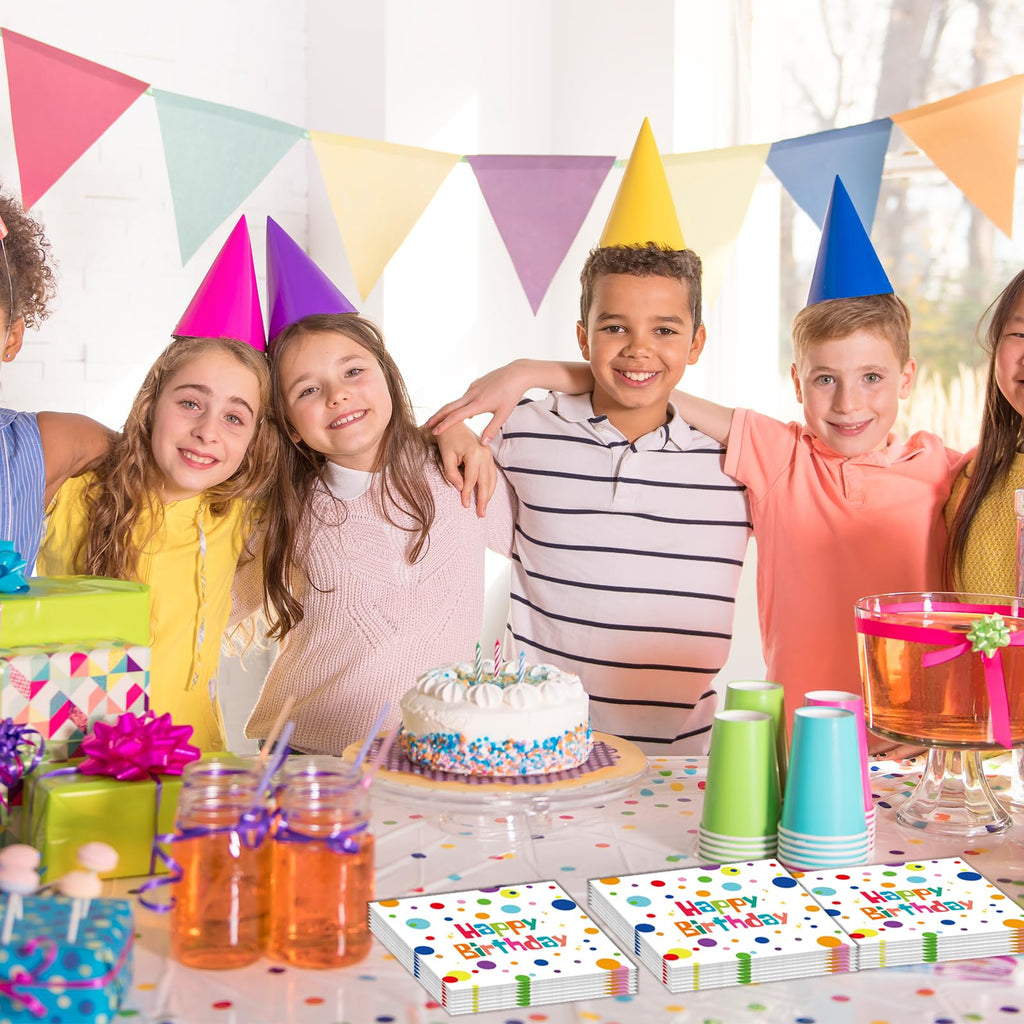 HFBOBP 50Pcs Happy Birthday Napkins – Colorful Dots 13x13 Inches, Disposable Party Supplies