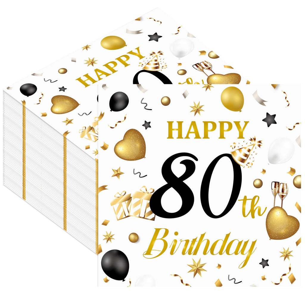 HFBOBP 50-Pack 80th Birthday Napkins — White & Gold, 13x13 in, Disposable Party Tableware