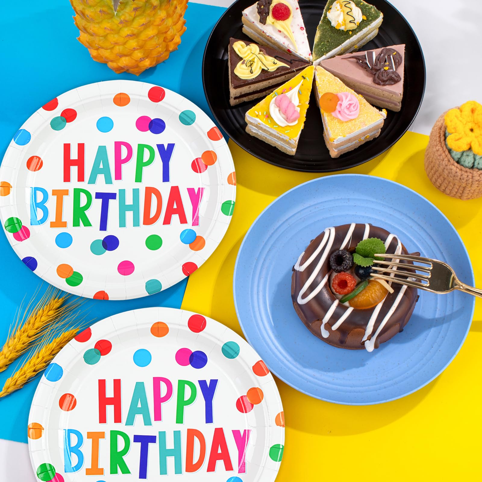 HFBOBP 50Pcs Birthday Plates & Napkins Set — Colorful Dots 7in Dessert Plates