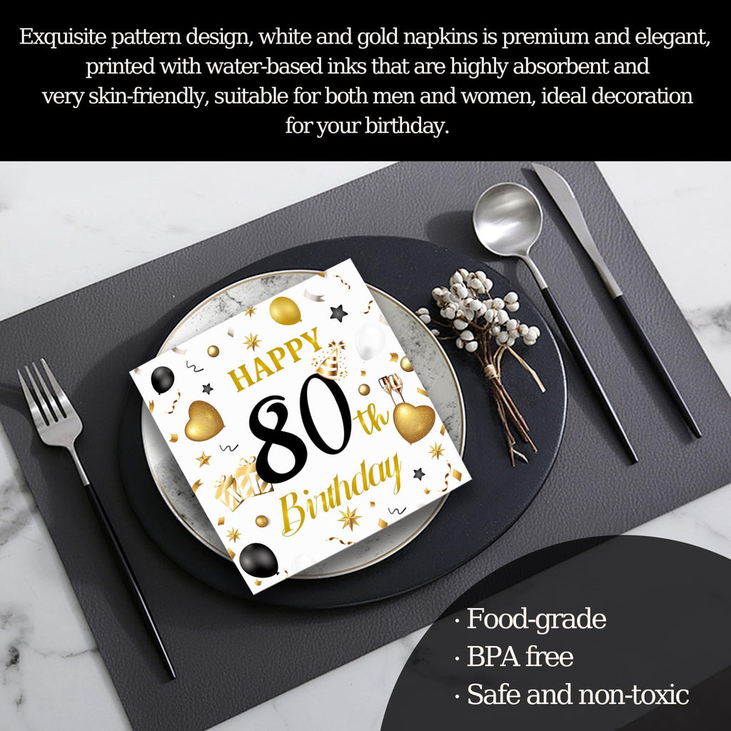 HFBOBP 50-Pack 80th Birthday Napkins — White & Gold, 13x13 in, Disposable Party Tableware