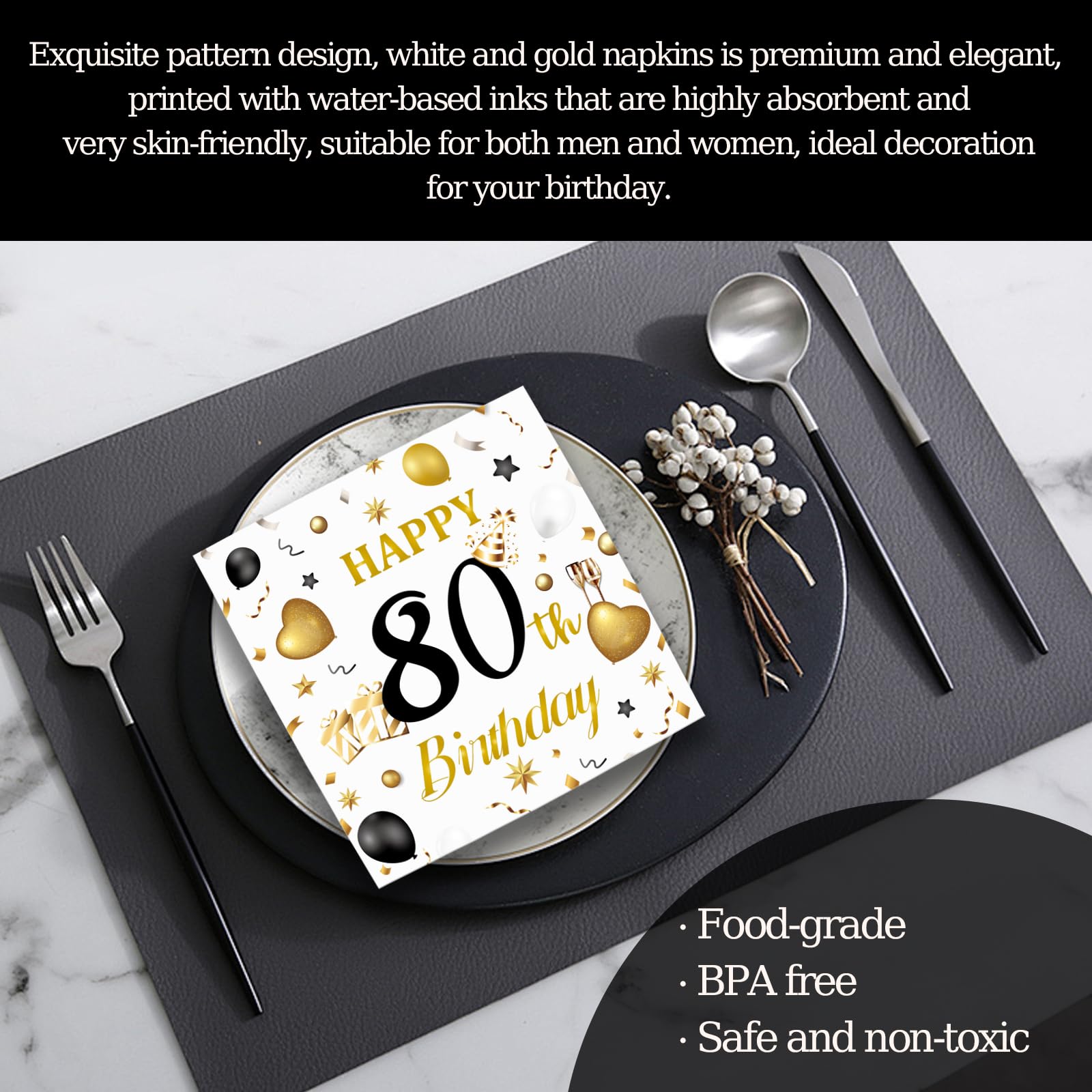 HFBOBP 50-Pack 80th Birthday Napkins — White & Gold, 13x13 in, Disposable Party Tableware
