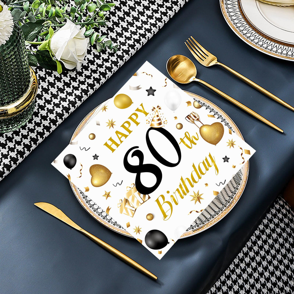 HFBOBP 50-Pack 80th Birthday Napkins — White & Gold, 13x13 in, Disposable Party Tableware