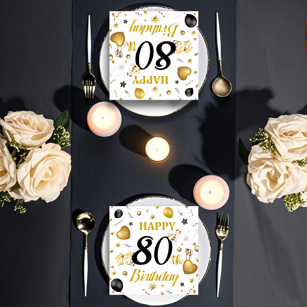 HFBOBP 50-Pack 80th Birthday Napkins — White & Gold, 13x13 in, Disposable Party Tableware