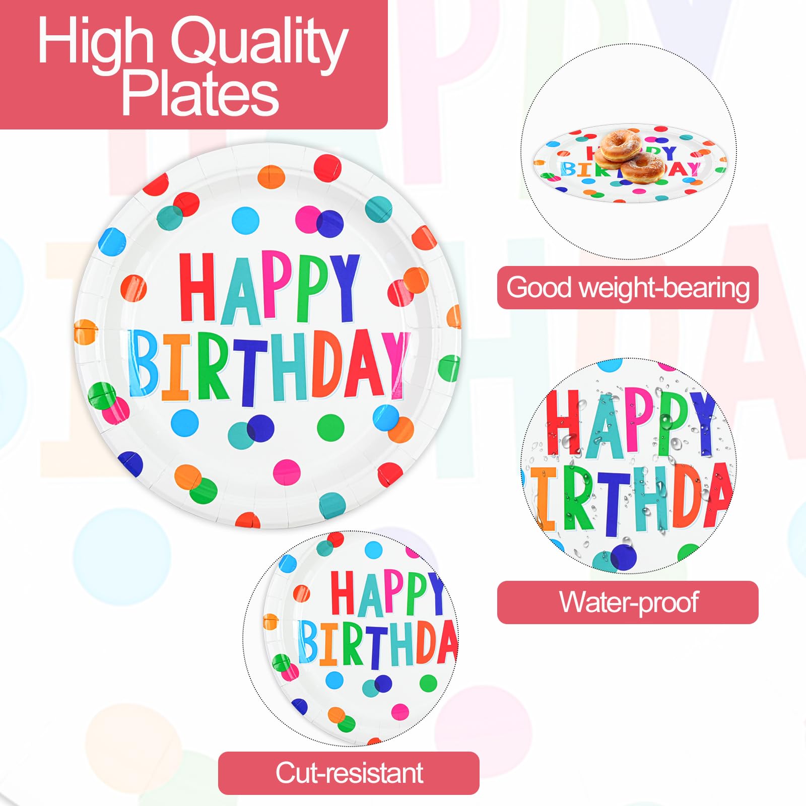HFBOBP 50Pcs Birthday Plates & Napkins Set — Colorful Dots 7in Dessert Plates