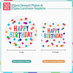 HFBOBP 50Pcs Birthday Plates & Napkins Set — Colorful Dots 7in Dessert Plates