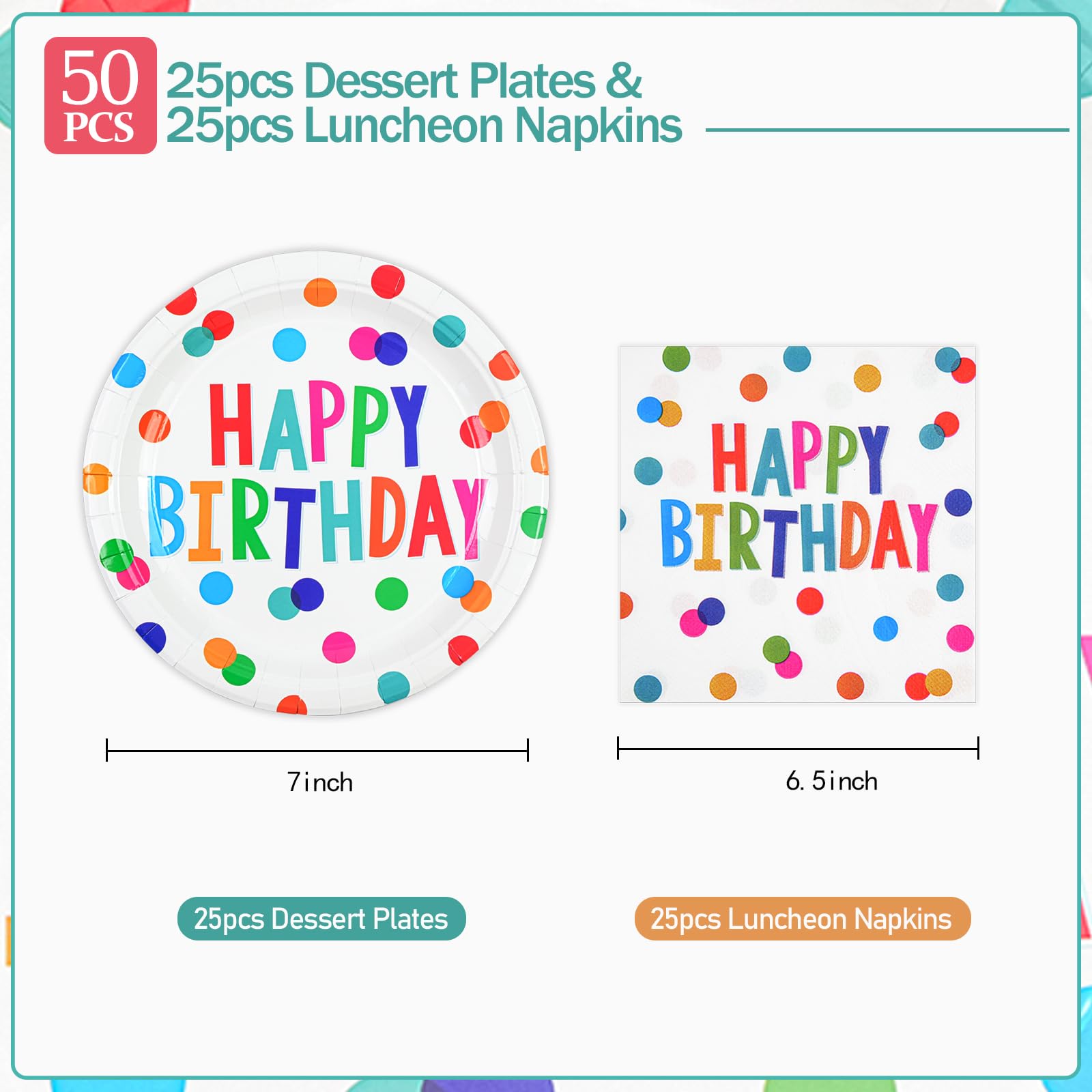 HFBOBP 50Pcs Birthday Plates & Napkins Set — Colorful Dots 7in Dessert Plates