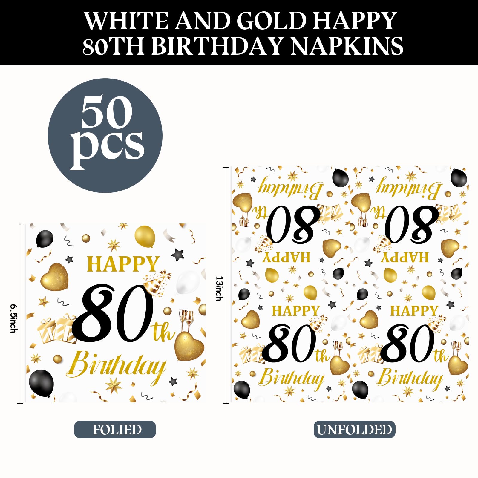 HFBOBP 50-Pack 80th Birthday Napkins — White & Gold, 13x13 in, Disposable Party Tableware