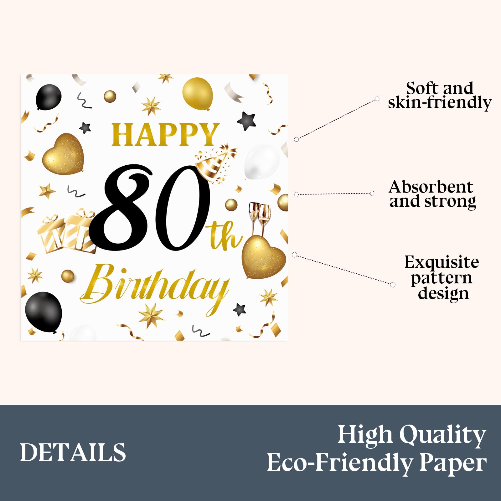 HFBOBP 50-Pack 80th Birthday Napkins — White & Gold, 13x13 in, Disposable Party Tableware