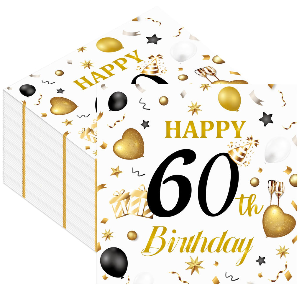HFBOBP 60th Birthday Napkins – White & Gold, 50 Pack, 13x13 in