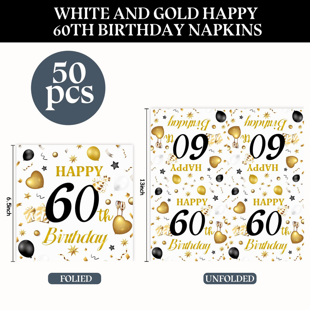 HFBOBP 60th Birthday Napkins – White & Gold, 50 Pack, 13x13 in