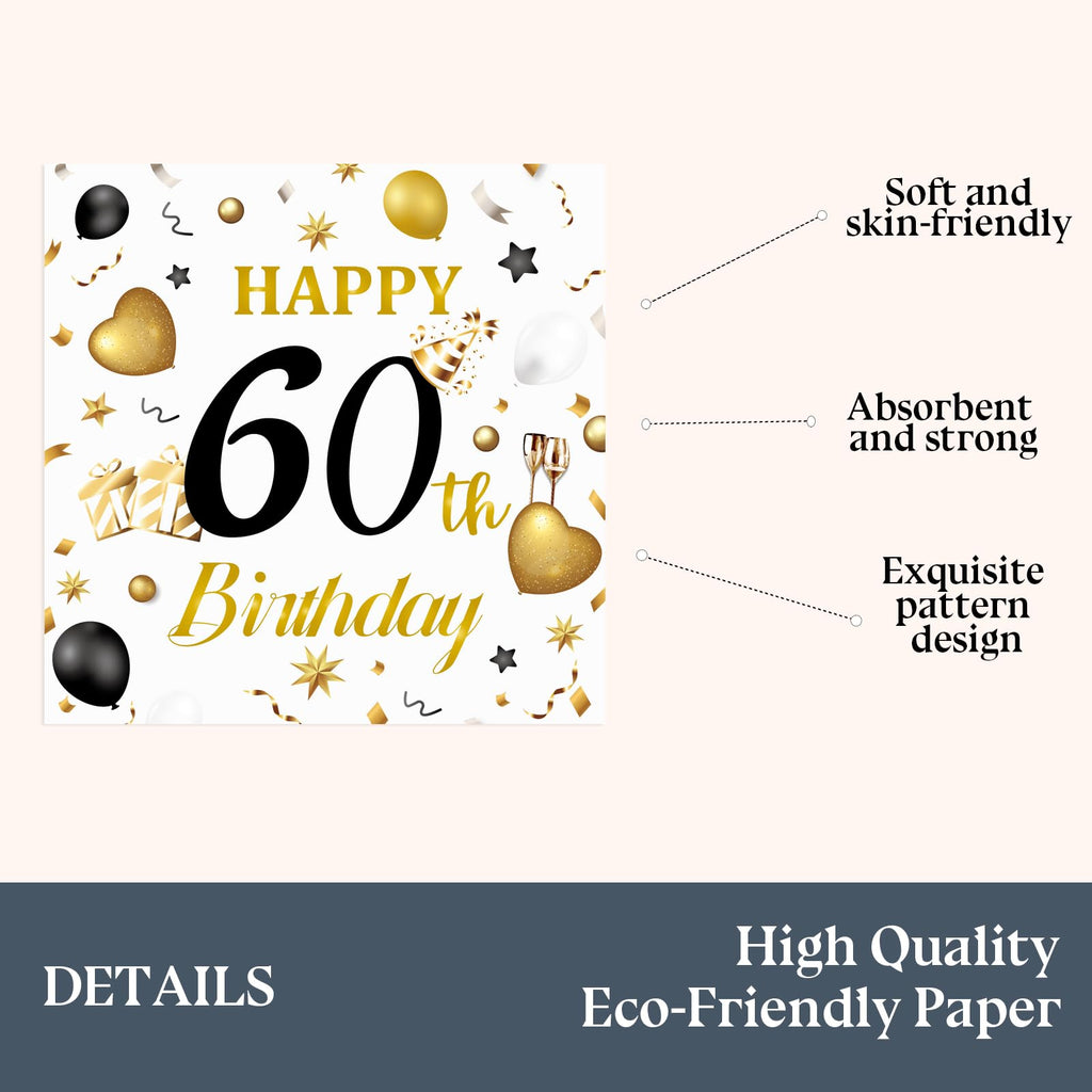 HFBOBP 60th Birthday Napkins – White & Gold, 50 Pack, 13x13 in