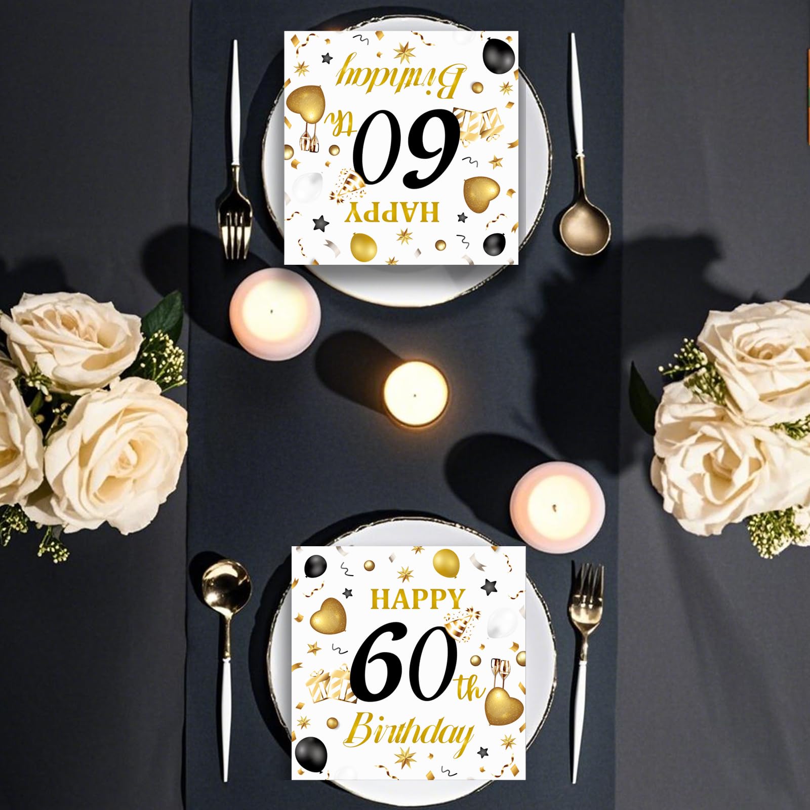 HFBOBP 60th Birthday Napkins – White & Gold, 50 Pack, 13x13 in