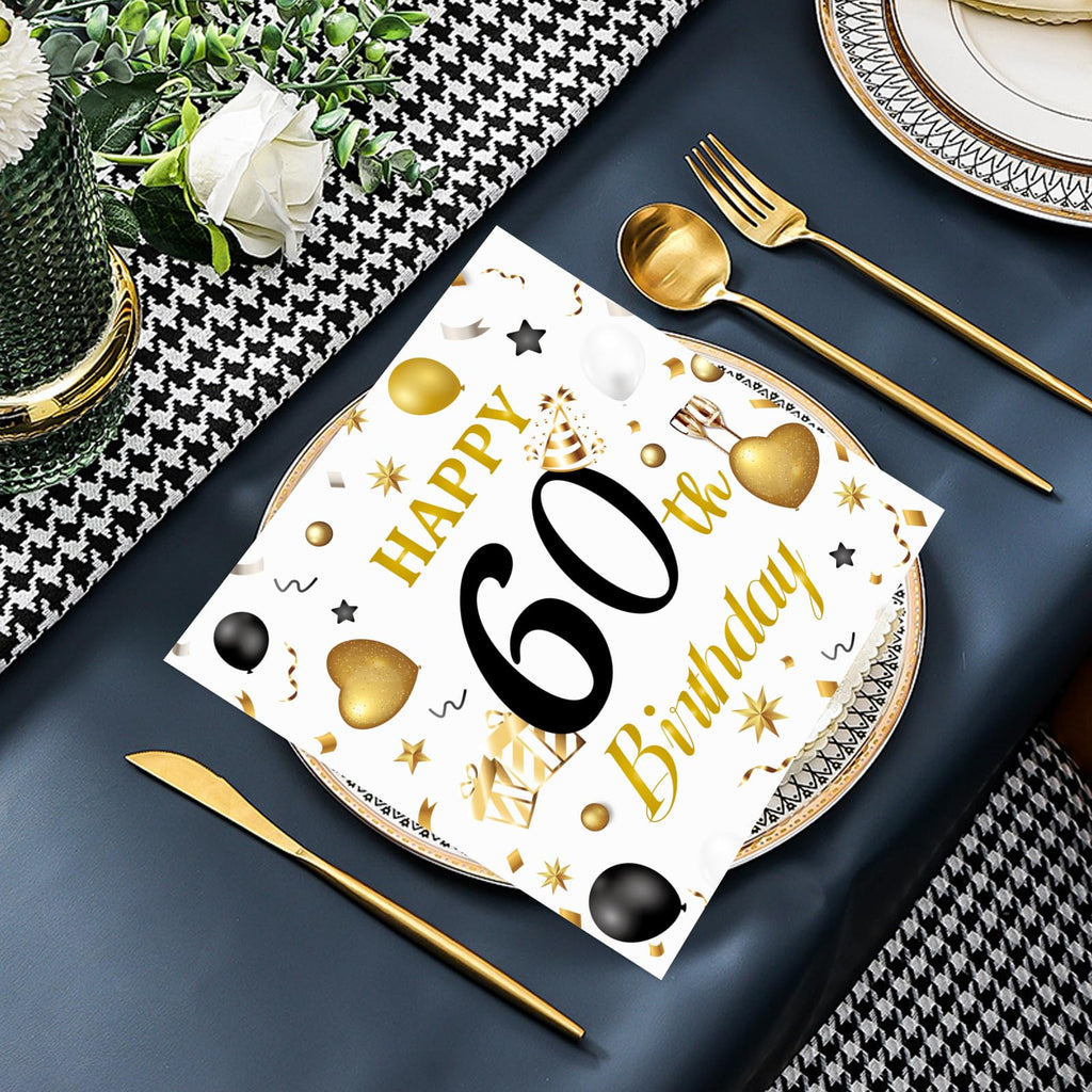 HFBOBP 60th Birthday Napkins – White & Gold, 50 Pack, 13x13 in