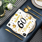 HFBOBP 60th Birthday Napkins – White & Gold, 50 Pack, 13x13 in