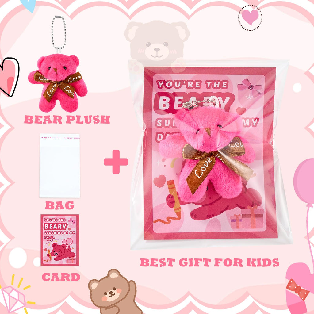 HIKISS 28-Pack Valentine Cards with Mini Plush Bears – Classroom Gifts & Party Favors