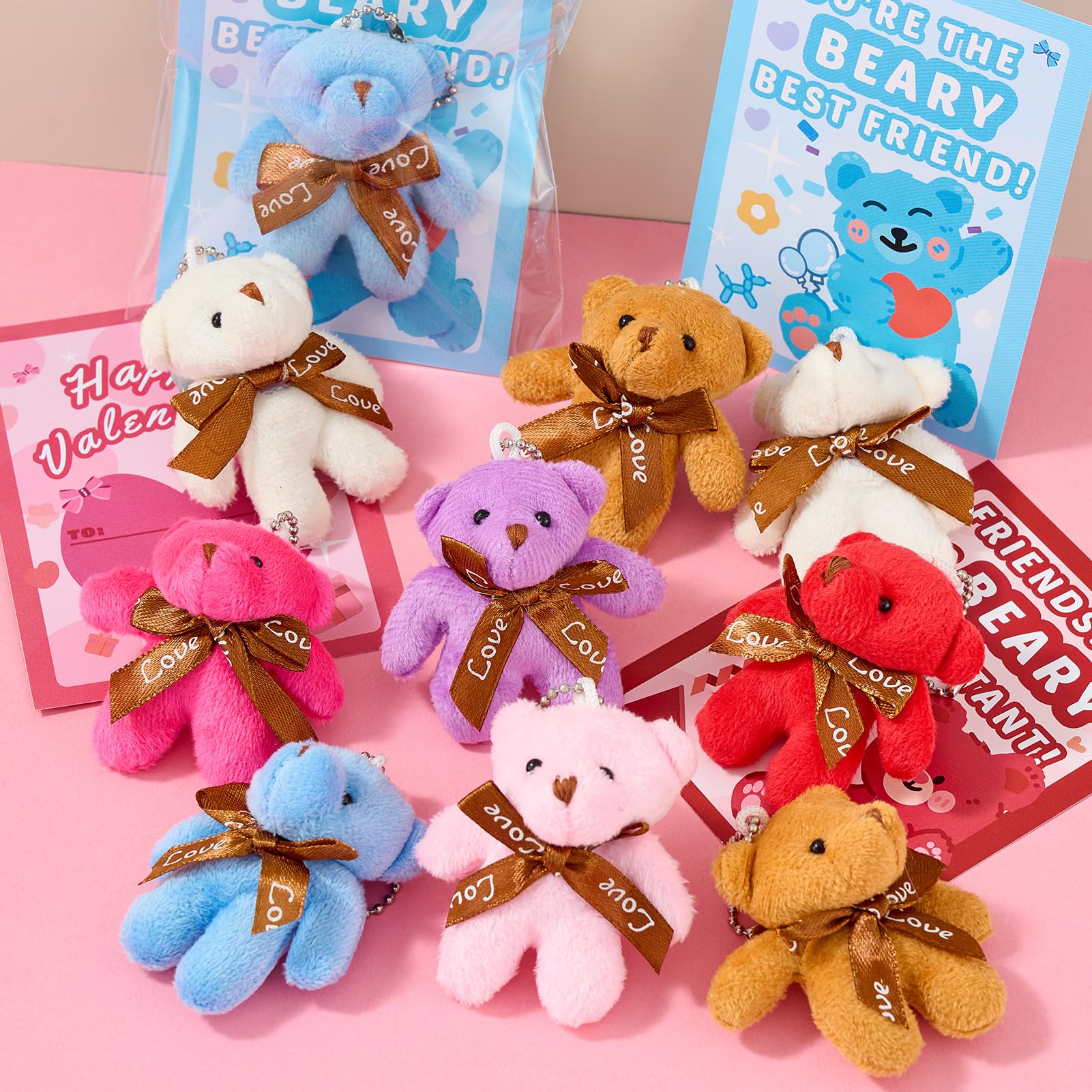 HIKISS 28-Pack Valentine Cards with Mini Plush Bears – Classroom Gifts & Party Favors