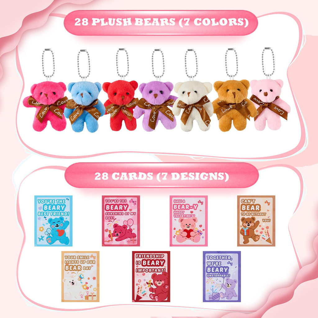 HIKISS 28-Pack Valentine Cards with Mini Plush Bears – Classroom Gifts & Party Favors