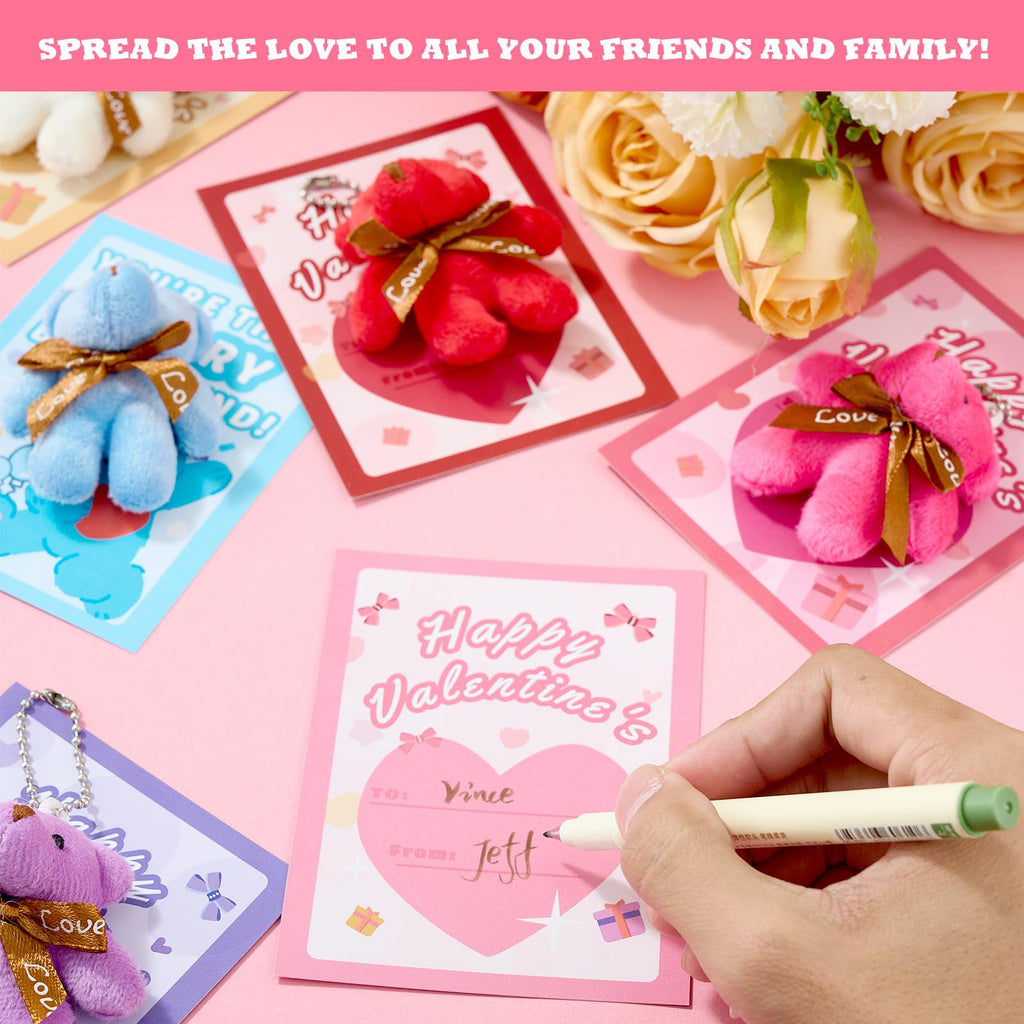 HIKISS 28-Pack Valentine Cards with Mini Plush Bears – Classroom Gifts & Party Favors