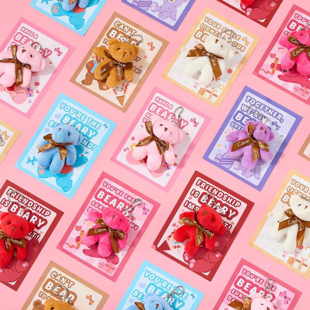 HIKISS 28-Pack Valentine Cards with Mini Plush Bears – Classroom Gifts & Party Favors