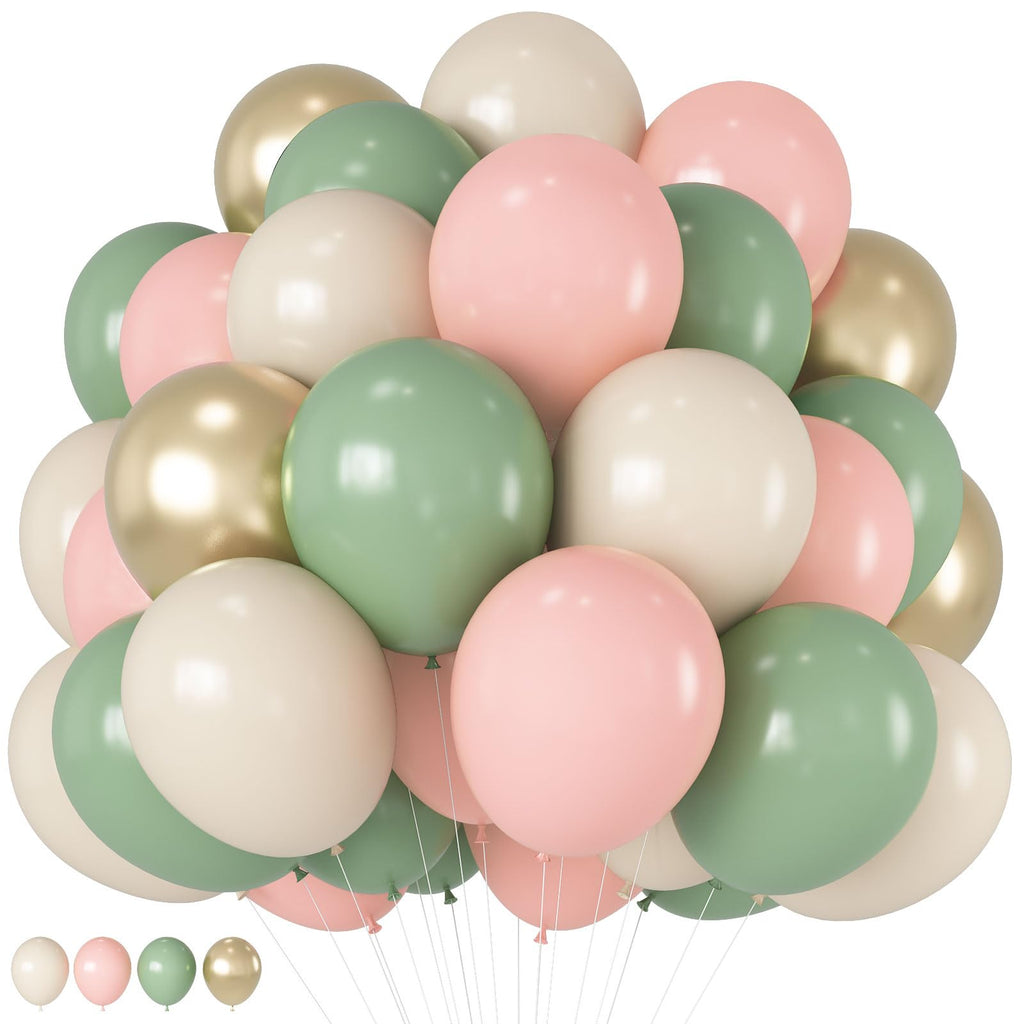 HILAVO Sage Green Pink Balloons 12in 389 Ivory & Gold Latex Party Decor