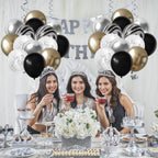 Hilavo Black Gold Silver Balloon Set – 12in Latex Balloons with Marble Black, Chrome Gold, Silver & Clear Star Print