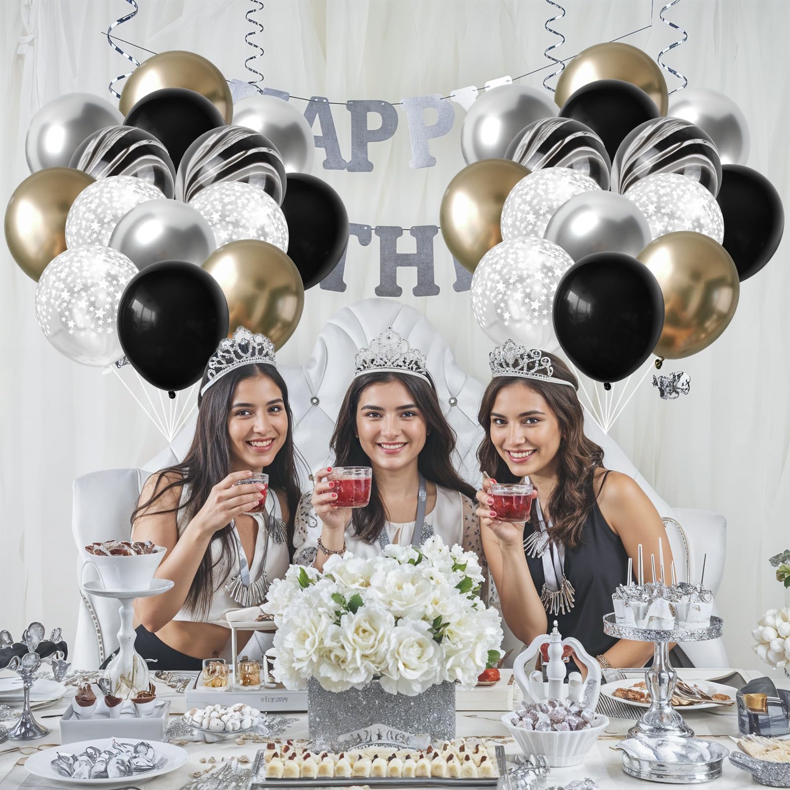 Hilavo Black Gold Silver Balloon Set – 12in Latex Balloons with Marble Black, Chrome Gold, Silver & Clear Star Print