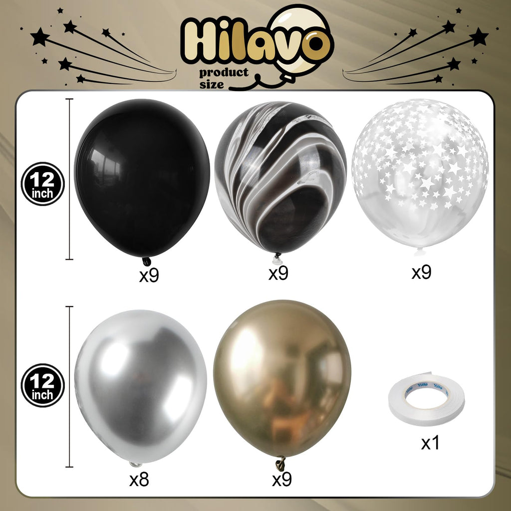 Hilavo Black Gold Silver Balloon Set – 12in Latex Balloons with Marble Black, Chrome Gold, Silver & Clear Star Print