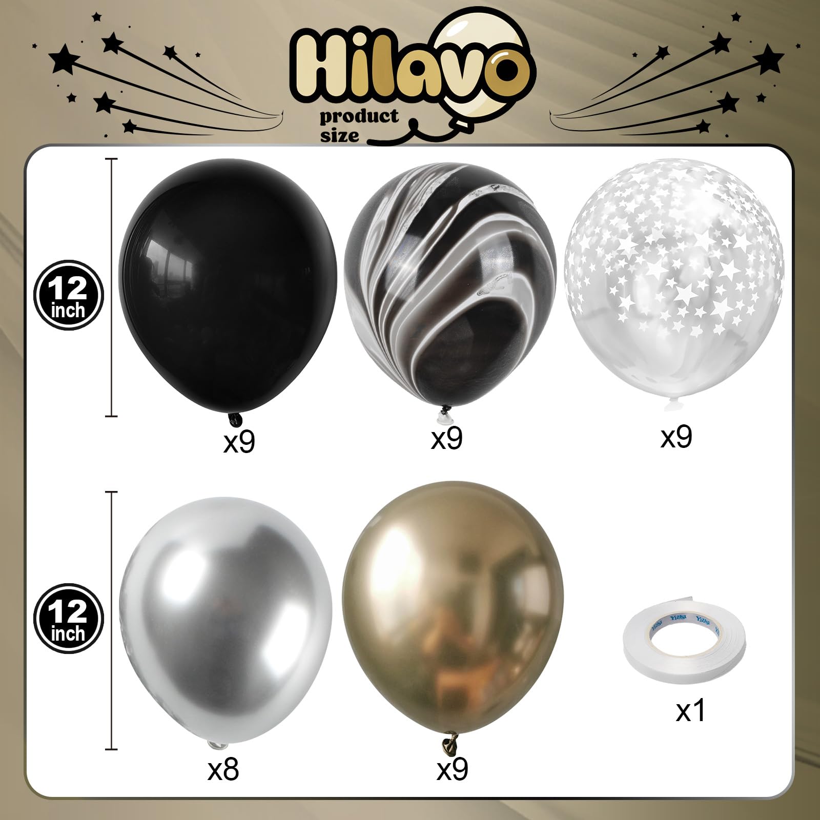 Hilavo Black Gold Silver Balloon Set – 12in Latex Balloons with Marble Black, Chrome Gold, Silver & Clear Star Print