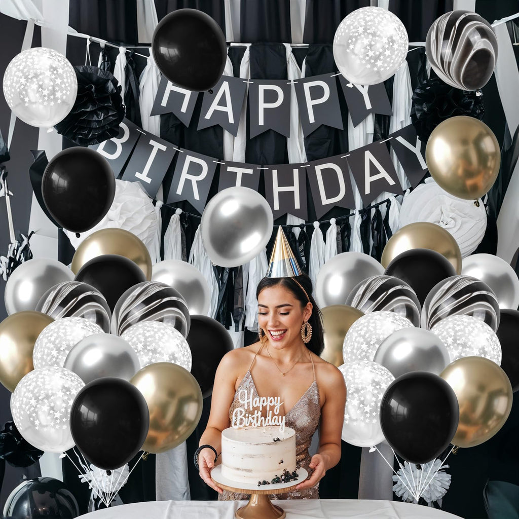 Hilavo Black Gold Silver Balloon Set – 12in Latex Balloons with Marble Black, Chrome Gold, Silver & Clear Star Print