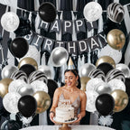 Hilavo Black Gold Silver Balloon Set – 12in Latex Balloons with Marble Black, Chrome Gold, Silver & Clear Star Print
