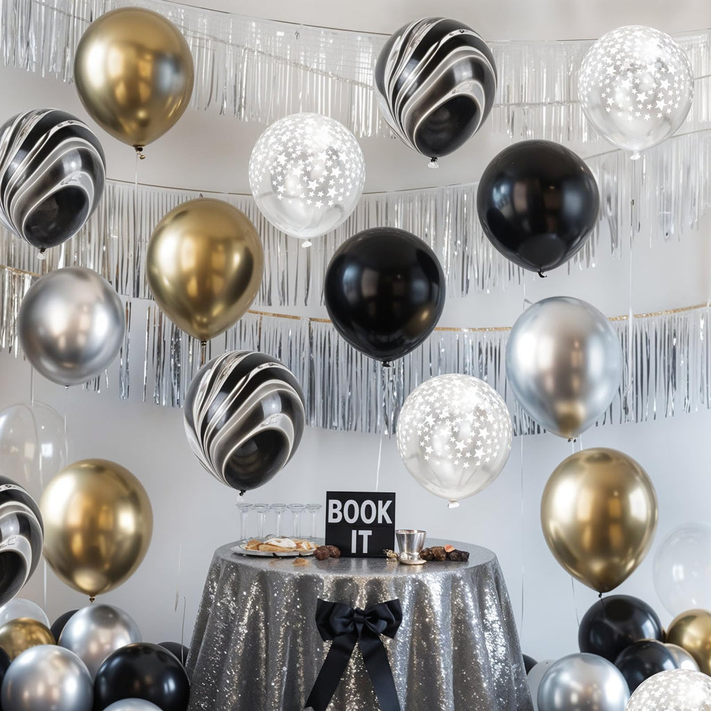Hilavo Black Gold Silver Balloon Set – 12in Latex Balloons with Marble Black, Chrome Gold, Silver & Clear Star Print