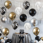 Hilavo Black Gold Silver Balloon Set – 12in Latex Balloons with Marble Black, Chrome Gold, Silver & Clear Star Print